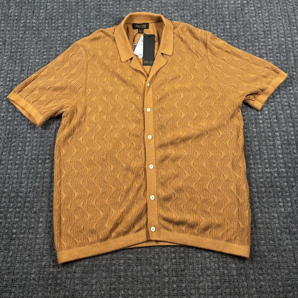 Truth by Republic Wavy Knit Button Down Polo Shirt XL Camel Brown Short Sleeve